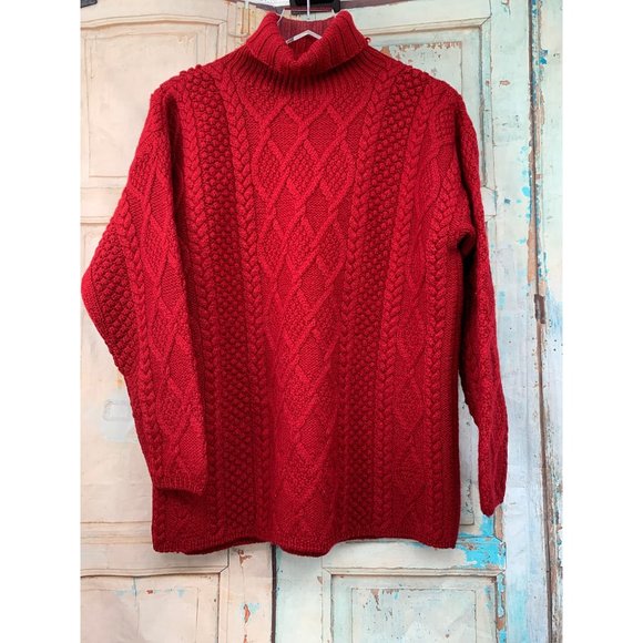 J Crew Cable Knit, Turtle Neck Medium Red Knit Fisherman Wool - Picture 1 of 5